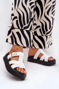 Outlet Boto Klapki Damskie Na Platformie Z Paskami I Klamrą Białe Elimessa