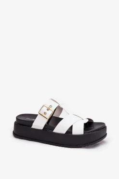 Outlet Boto Klapki Damskie Na Platformie Z Paskami I Klamrą Białe Elimessa