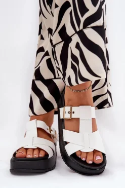 Outlet Boto Klapki Damskie Na Platformie Z Paskami I Klamrą Białe Elimessa