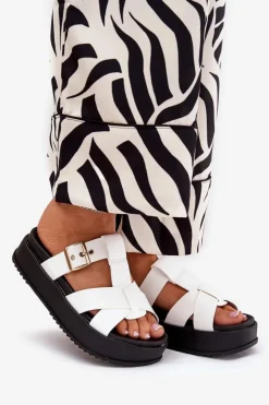 Outlet Boto Klapki Damskie Na Platformie Z Paskami I Klamrą Białe Elimessa