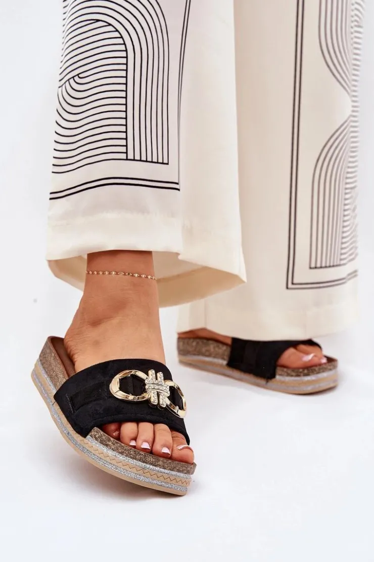 Damskie Boto Klapki Damskie Na Platformie Z Brokatem I Złotą Ozdobą Czarne Rilirea