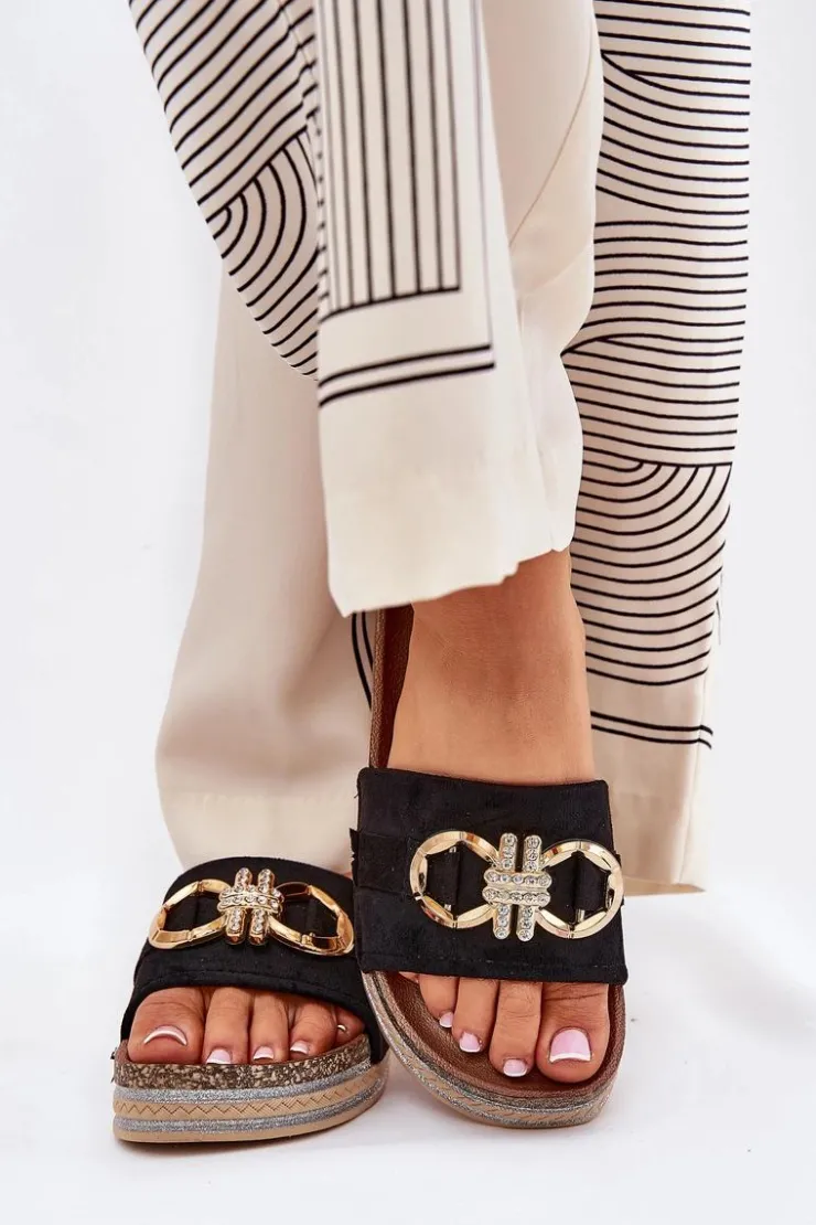 Damskie Boto Klapki Damskie Na Platformie Z Brokatem I Złotą Ozdobą Czarne Rilirea