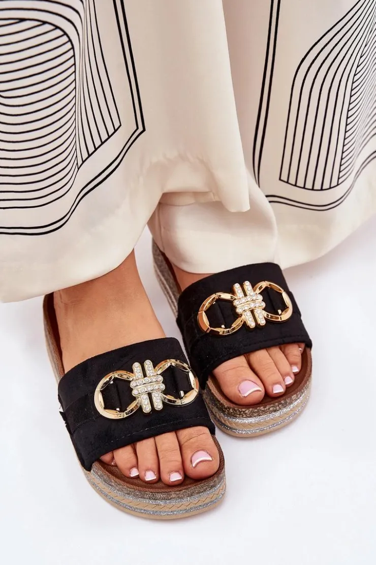 Damskie Boto Klapki Damskie Na Platformie Z Brokatem I Złotą Ozdobą Czarne Rilirea
