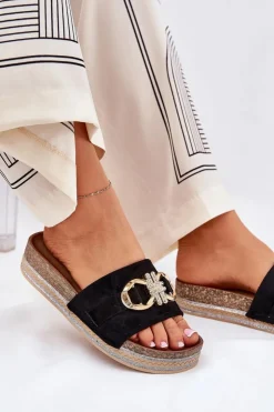 Damskie Boto Klapki Damskie Na Platformie Z Brokatem I Złotą Ozdobą Czarne Rilirea