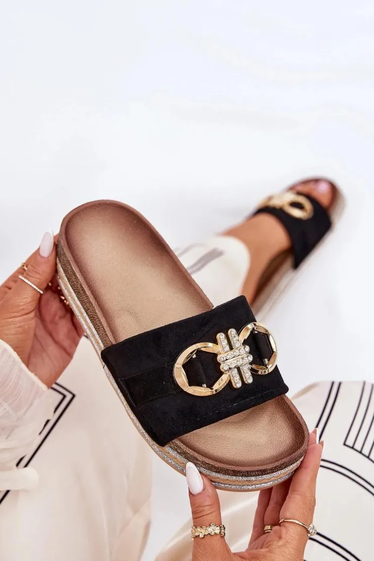 Damskie Boto Klapki Damskie Na Platformie Z Brokatem I Złotą Ozdobą Czarne Rilirea