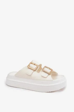 Boto Klapki Na Platformie|Klapki Damskie Klasyczne*Klapki Damskie Na Platformie Ze Złotymi Klamrami Ecru Zorila