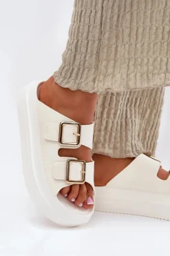 Boto Klapki Na Platformie|Klapki Damskie Klasyczne*Klapki Damskie Na Platformie Ze Złotymi Klamrami Ecru Zorila