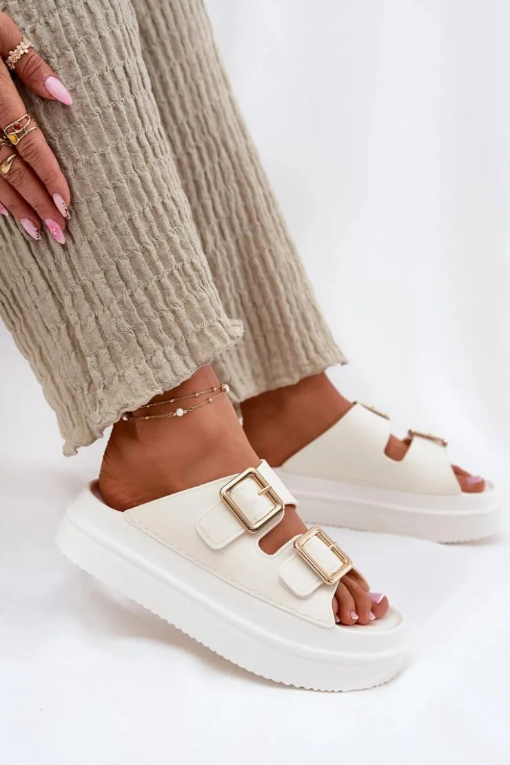 Boto Klapki Na Platformie|Klapki Damskie Klasyczne*Klapki Damskie Na Platformie Ze Złotymi Klamrami Ecru Zorila