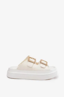 Boto Klapki Na Platformie|Klapki Damskie Klasyczne*Klapki Damskie Na Platformie Ze Złotymi Klamrami Ecru Zorila