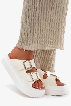 Boto Klapki Na Platformie|Klapki Damskie Klasyczne*Klapki Damskie Na Platformie Ze Złotymi Klamrami Ecru Zorila