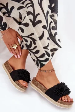 Hot Boto Klapki Damskie Na Platformie Z Ozdobnymi Kwiatkami Czarne Tessara Czarny