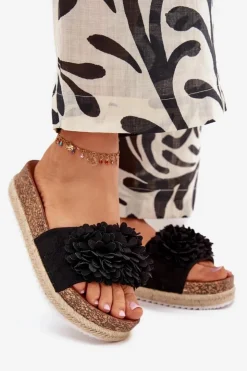 Hot Boto Klapki Damskie Na Platformie Z Ozdobnymi Kwiatkami Czarne Tessara Czarny