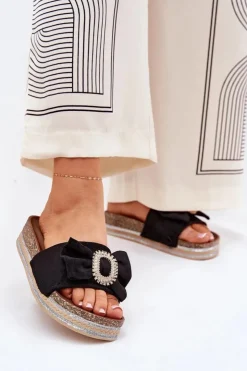 Damskie Boto Klapki Damskie Na Platformie Z Kokardką I Ozdobną Broszką Czarne Lenela