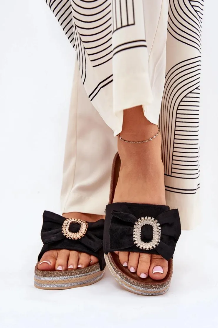 Damskie Boto Klapki Damskie Na Platformie Z Kokardką I Ozdobną Broszką Czarne Lenela