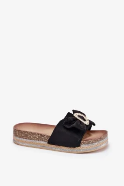 Damskie Boto Klapki Damskie Na Platformie Z Kokardką I Ozdobną Broszką Czarne Lenela