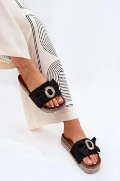 Damskie Boto Klapki Damskie Na Platformie Z Kokardką I Ozdobną Broszką Czarne Lenela