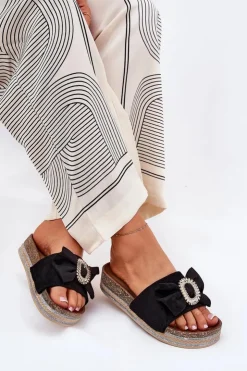 Damskie Boto Klapki Damskie Na Platformie Z Kokardką I Ozdobną Broszką Czarne Lenela