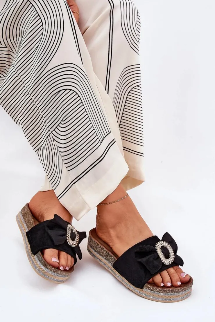 Damskie Boto Klapki Damskie Na Platformie Z Kokardką I Ozdobną Broszką Czarne Lenela