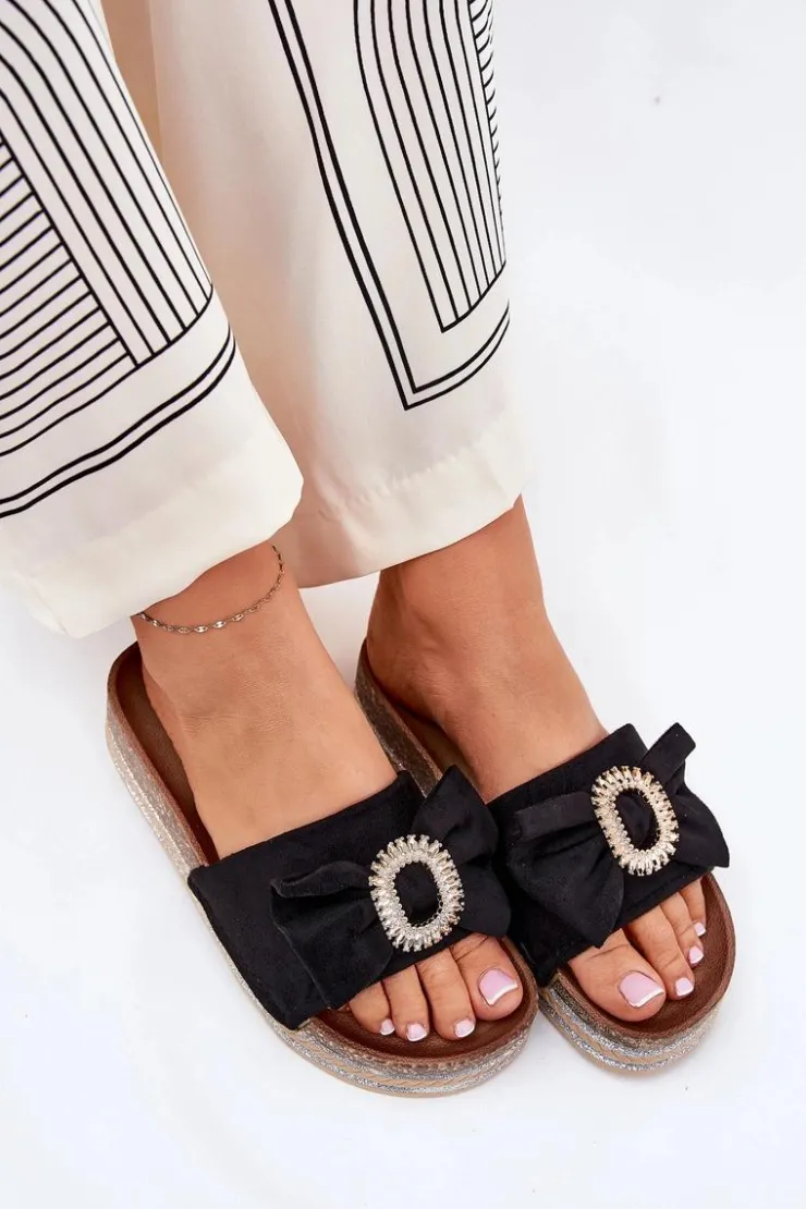 Damskie Boto Klapki Damskie Na Platformie Z Kokardką I Ozdobną Broszką Czarne Lenela