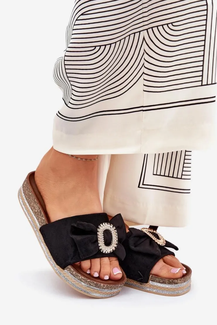 Damskie Boto Klapki Damskie Na Platformie Z Kokardką I Ozdobną Broszką Czarne Lenela