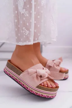 Sale Boto Klapki Damskie Na Platformie Z Kokardą Różowe Chantal