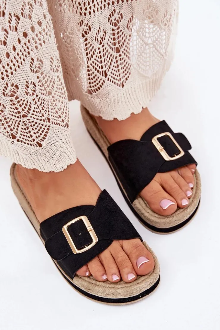 Boto Klapki Damskie Na Platformie Ze Złotą Klamrą Czarne Selira Czarny