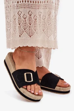 Boto Klapki Damskie Na Platformie Ze Złotą Klamrą Czarne Selira Czarny