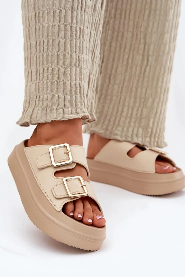 Boto Klapki Damskie Na Platformie Ze Złotymi Klamrami Beżowe Zorila