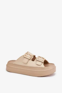 Boto Klapki Damskie Na Platformie Ze Złotymi Klamrami Beżowe Zorila