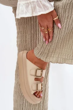 Boto Klapki Damskie Na Platformie Ze Złotymi Klamrami Beżowe Zorila