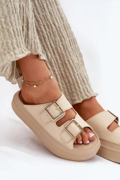 Boto Klapki Damskie Na Platformie Ze Złotymi Klamrami Beżowe Zorila