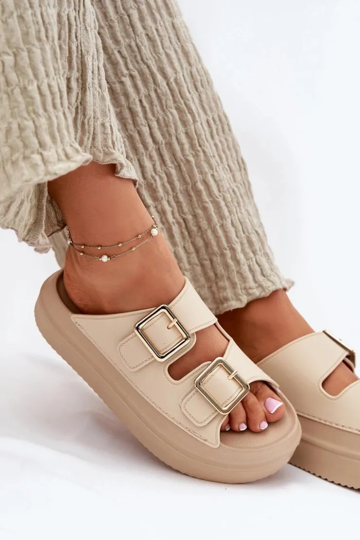 Boto Klapki Damskie Na Platformie Ze Złotymi Klamrami Beżowe Zorila