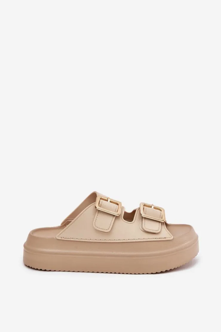 Boto Klapki Damskie Na Platformie Ze Złotymi Klamrami Beżowe Zorila