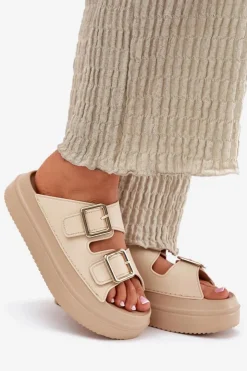 Boto Klapki Damskie Na Platformie Ze Złotymi Klamrami Beżowe Zorila