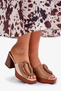 Clearance Boto Klapki Damskie Na Słupkowym Obcasie Z Klamrą Camel Amuria Brązowy