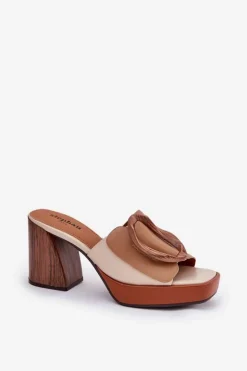 Clearance Boto Klapki Damskie Na Słupkowym Obcasie Z Klamrą Camel Amuria Brązowy