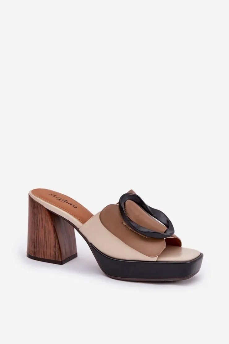 Damskie Boto Klapki Damskie Na Słupkowym Obcasie Z Klamrą Ciemnobeżowe Amuria