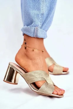 Damskie buty S.Barski Klapki Na Obcasie|Klapki Damskie Klasyczne*Klapki Damskie Na Słupku Wsuwane Złote Guest