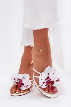 Damskie Boto Klapki Damskie Na Szpilce Ze Sztucznym Kwiatem Białe Reyi