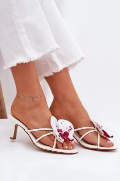 Damskie Boto Klapki Damskie Na Szpilce Ze Sztucznym Kwiatem Białe Reyi