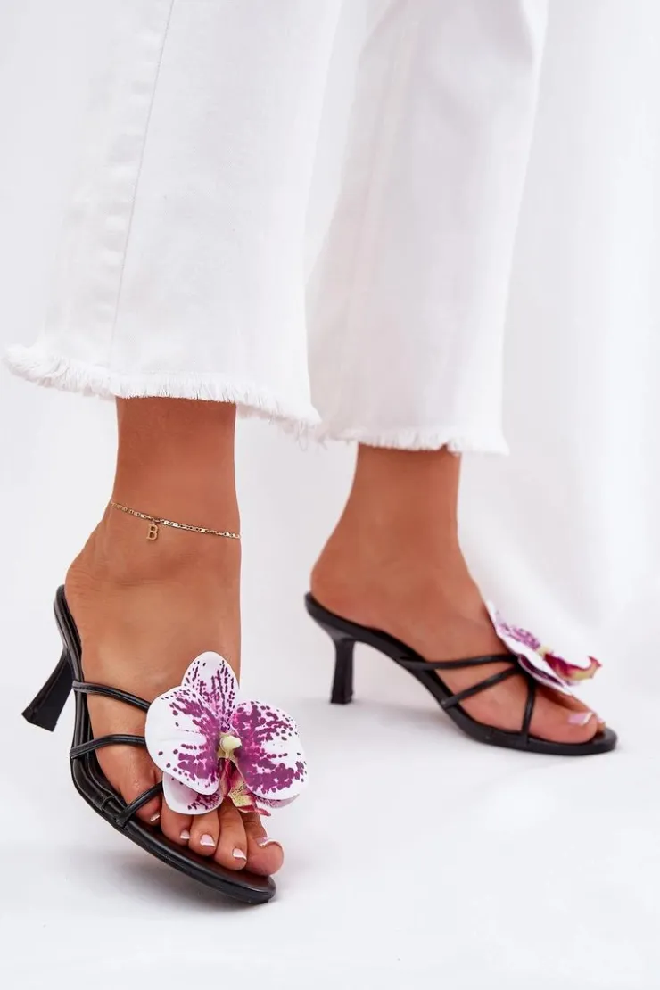 Boto Klapki Na Obcasie|Klapki Damskie Klasyczne*Klapki Damskie Na Szpilce Ze Sztucznym Kwiatem Czarne Reyi Czarny