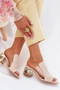 Boto Klapki Na Obcasie|Klapki Damskie Klasyczne*Klapki Damskie Na Złotym Słupku Jasnobeżowe Tessira