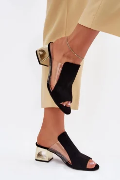 Damskie Boto Klapki Damskie Na Złotym Słupku Czarne Tessira