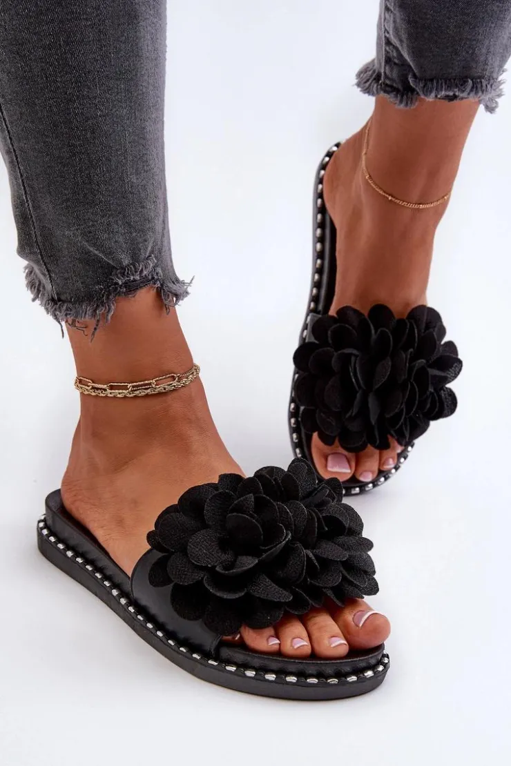 Boto Klapki Damskie Klasyczne*Klapki Damskie Ozdobione Kwiatami Czarne Cellanen