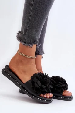 Boto Klapki Damskie Klasyczne*Klapki Damskie Ozdobione Kwiatami Czarne Cellanen