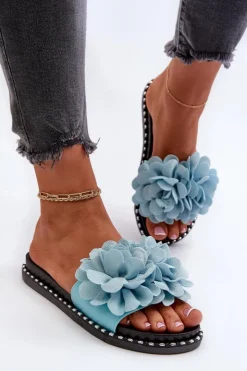 Boto Klapki Damskie Klasyczne*Klapki Damskie Ozdobione Kwiatami e Cellanen Niebieski