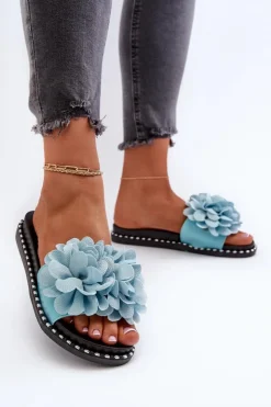 Boto Klapki Damskie Klasyczne*Klapki Damskie Ozdobione Kwiatami e Cellanen Niebieski