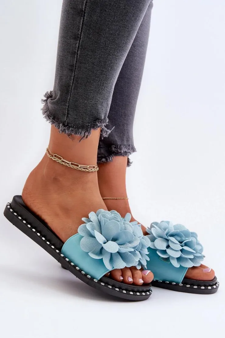 Boto Klapki Damskie Klasyczne*Klapki Damskie Ozdobione Kwiatami e Cellanen Niebieski