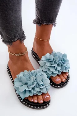 Boto Klapki Damskie Klasyczne*Klapki Damskie Ozdobione Kwiatami e Cellanen Niebieski