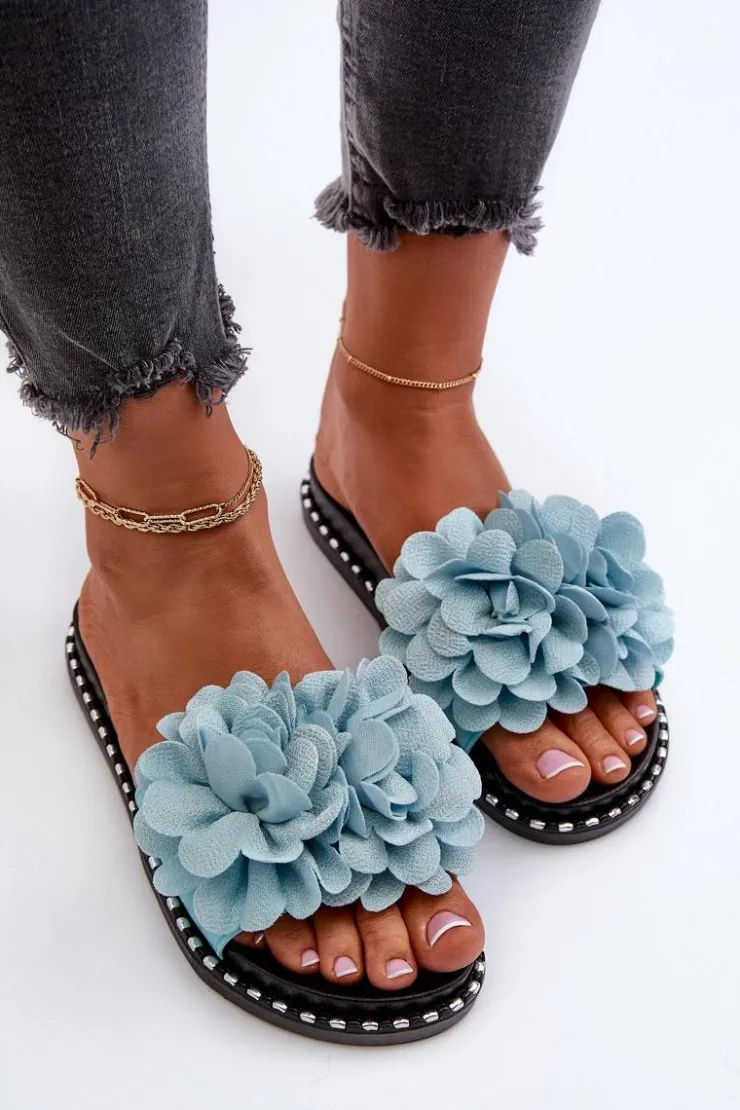 Boto Klapki Damskie Klasyczne*Klapki Damskie Ozdobione Kwiatami e Cellanen Niebieski